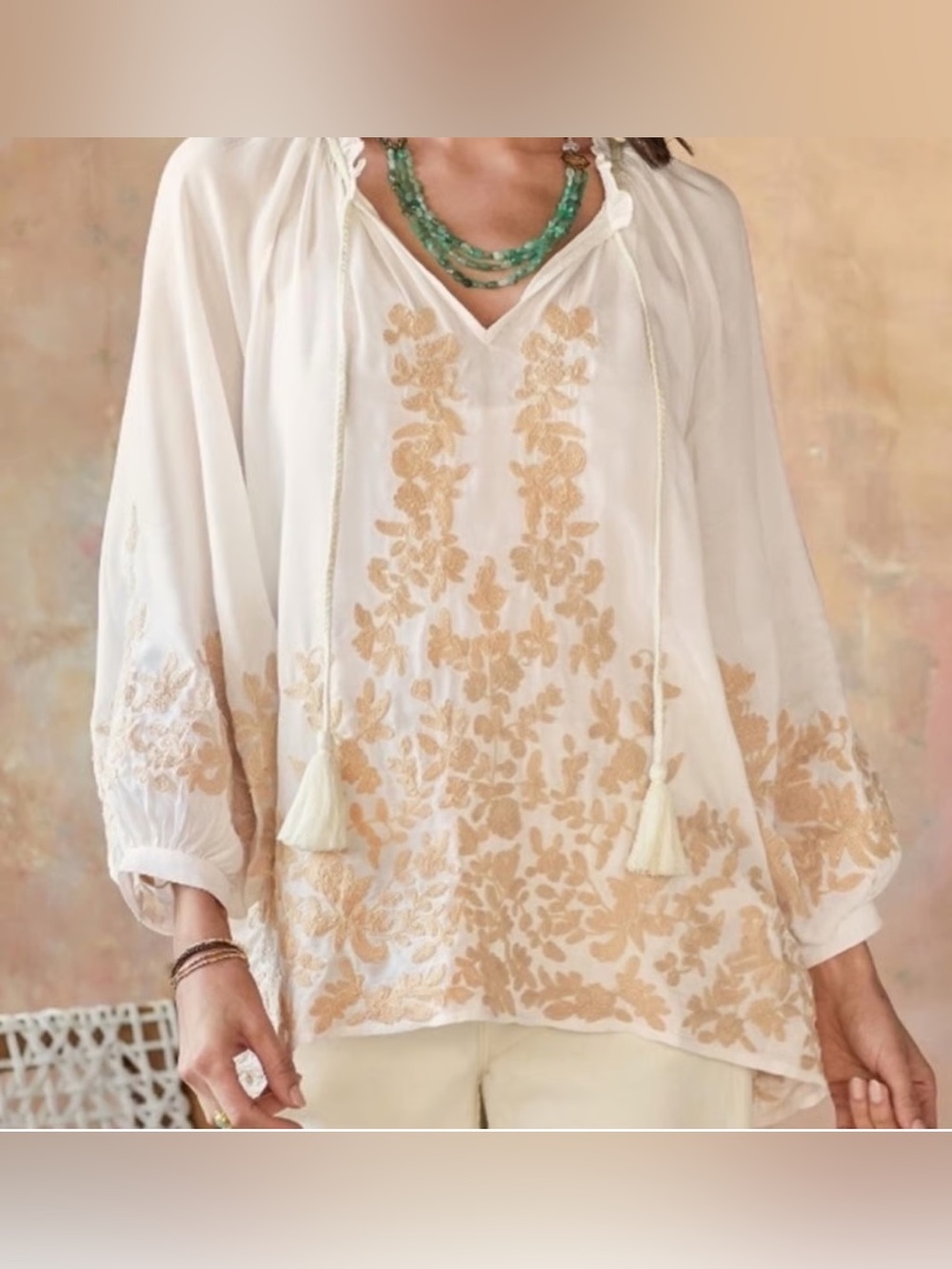 Sundance Dulce De Leche White Embroidered Peasant Blouse Floral Tassels Large